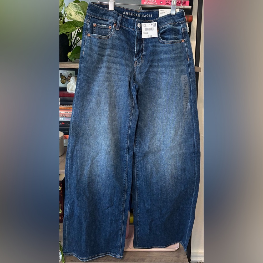 American Eagle Dreams Drape Low-Rise Baggy Wide Leg Jean in Mid Wash